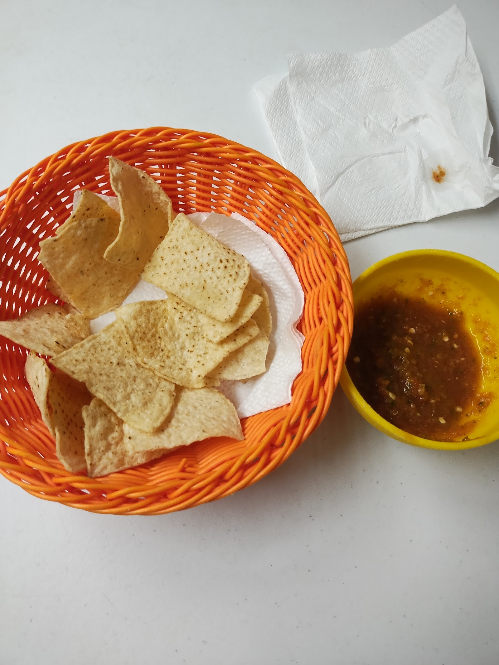 Basket of fried tortilla chips with house salsa